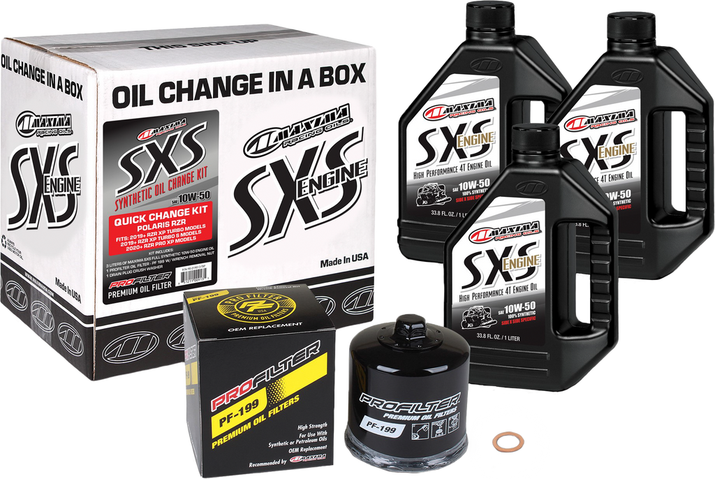 Maxima Sxs Oil Quick Change Kit 10W50 with black oil filter for easy motorcycle oil changes, includes oil filter and essential components.