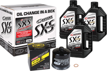 Load image into Gallery viewer, Maxima Sxs Oil Quick Change Kit 10W50 with black oil filter for easy motorcycle oil changes, includes oil filter and essential components.