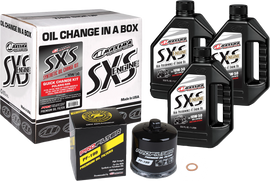 Maxima Sxs Oil Quick Change Kit 10W50 with black oil filter for easy motorcycle oil changes, includes oil filter and essential components.