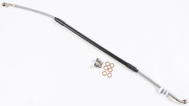 GALFER steel rear brake line for Suzuki motorcycle, shown installed with detailed fittings and braided steel construction.