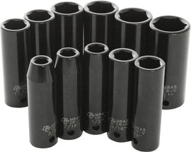 Performance Tool 11-piece 1/2-inch SAE impact socket set with deep sockets, arranged on a black background.