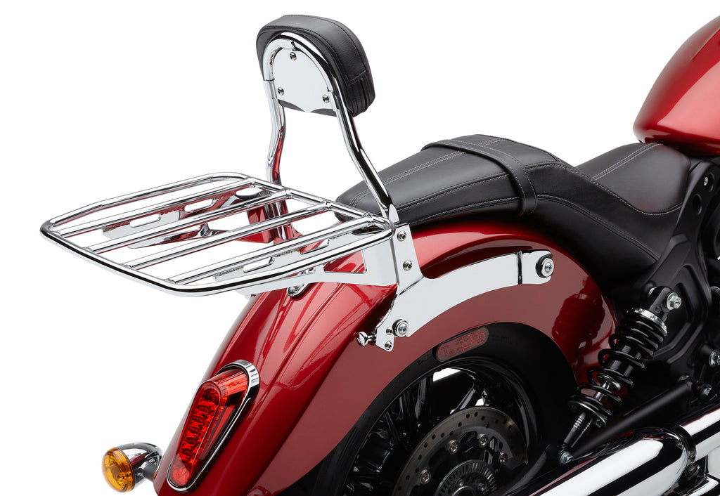 Cobra removable luggage rack in chrome finish, designed for motorcycles, shown on a bike for secure travel storage.