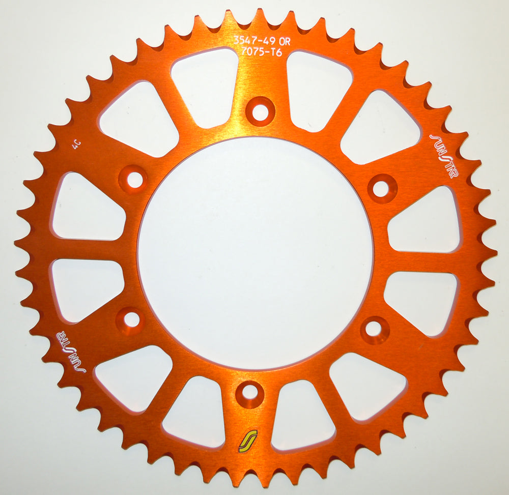 Sunstar aluminum rear sprocket with 52-tooth for Husqvarna and KTM motorcycles, featuring 520 chain compatibility.