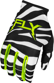 Fly Racing Lite Uncaged gloves in black, white, and neon green with padded palms and breathable fabric for motocross riding.