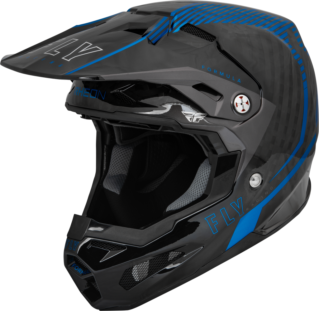 Fly Racing Formula Carbon Tracer helmet in blue and black with aerodynamic design and ventilation features.