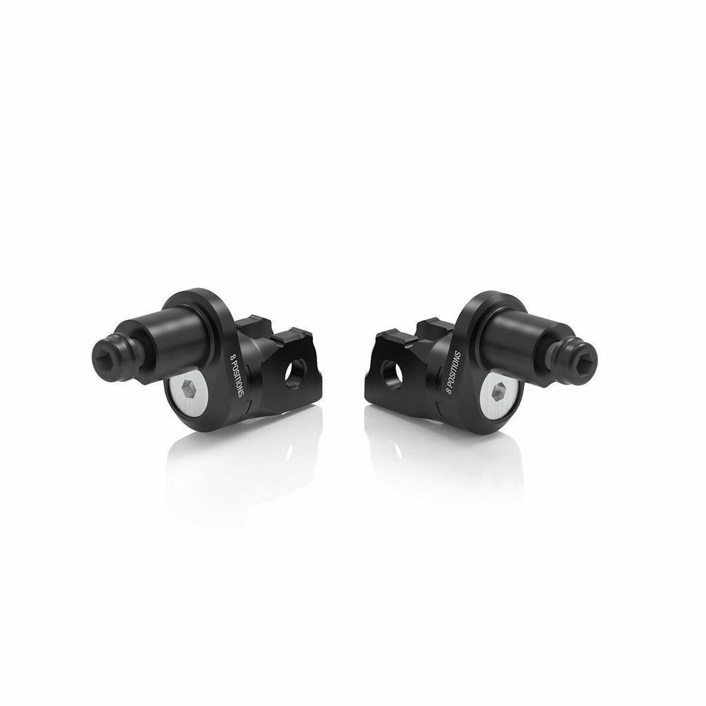RIZOMA eccentric footpeg mount kit for rider, black finish, showing mounting hardware and adjustable footpeg attachment.