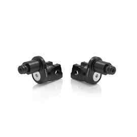 RIZOMA eccentric footpeg mount kit for rider, black finish, showing mounting hardware and adjustable footpeg attachment.