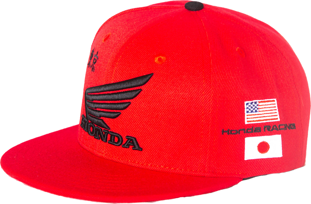 Red DCOR Honda hat factory snapback cap with adjustable strap, featuring branding and structured design.