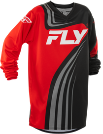 Fly Racing Youth F-16 motocross jersey in black, red, and white, featuring lightweight fabric and bold graphic design.