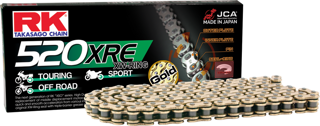 Excel Wheel Components Gb520xre drive chain in gold, 520 x 120, with detailed links and robust build for bicycle or machinery use.