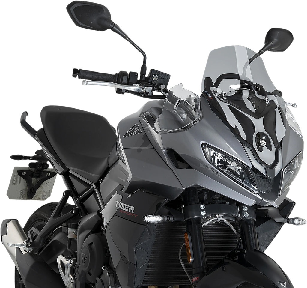 PUIG Windscreen Sport Smoke Tri 561-22522S on motorcycle, featuring tinted smoked windshield with aerodynamic design
