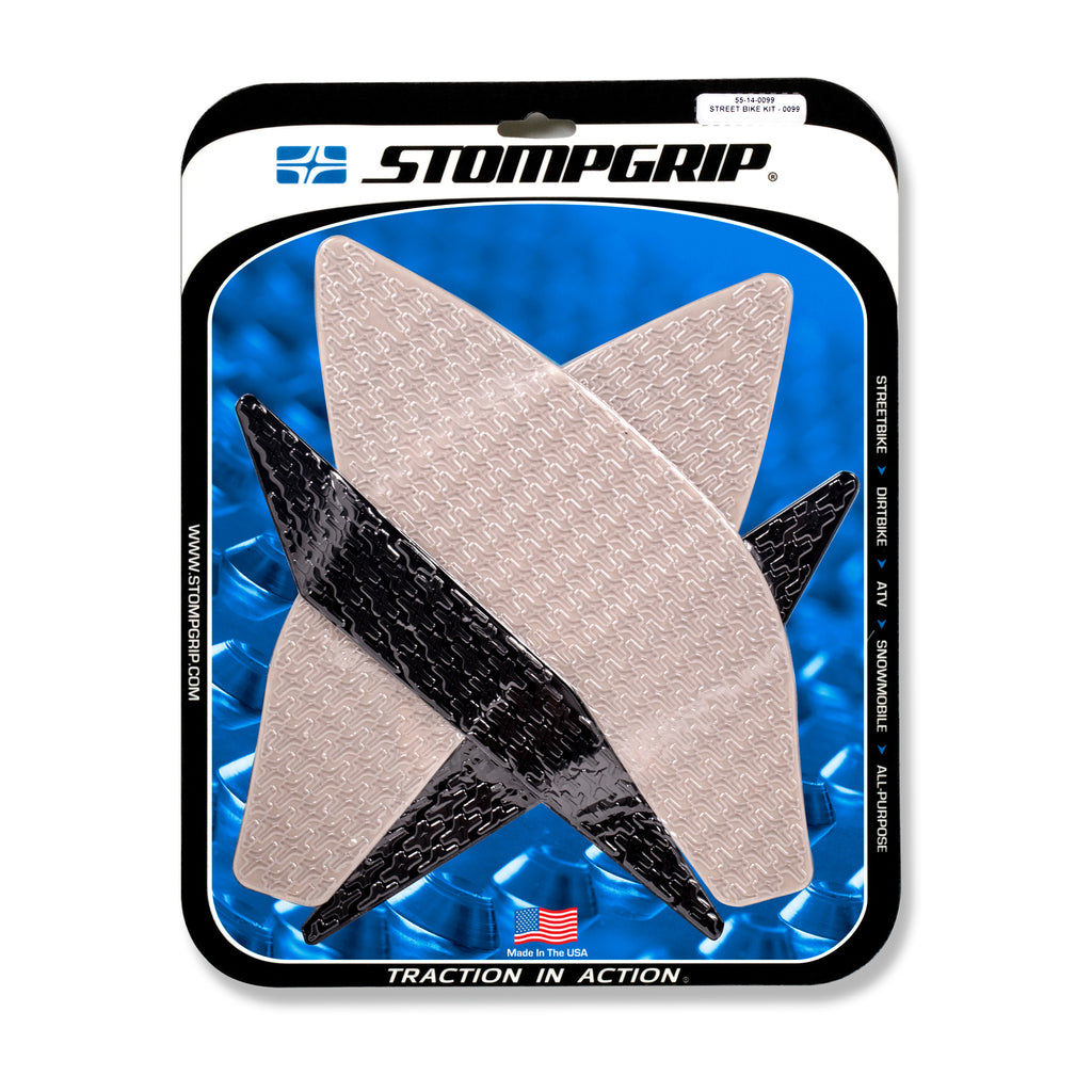 Stompgrip Off Road Tank Pad Kit in clear and black with icon design, providing grip and protection for motorcycle fuel tanks.