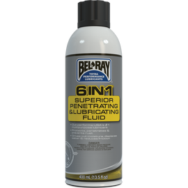 Bel-Ray 6-in-1 multi-purpose lubricant in a 400ml spray can, designed for versatile lubrication and maintenance tasks.