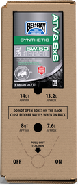 Bel-Ray ATV and SXS synthetic 5W-50 motor oil in a 6-gallon bag-in-box, designed for off-road vehicles and all-terrain engines.