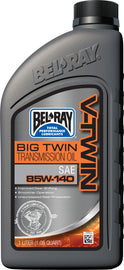 Bel-Ray Big Twin Transmission Oil 1L bottle, part of a 12-case set, shown with product label and packaging details.