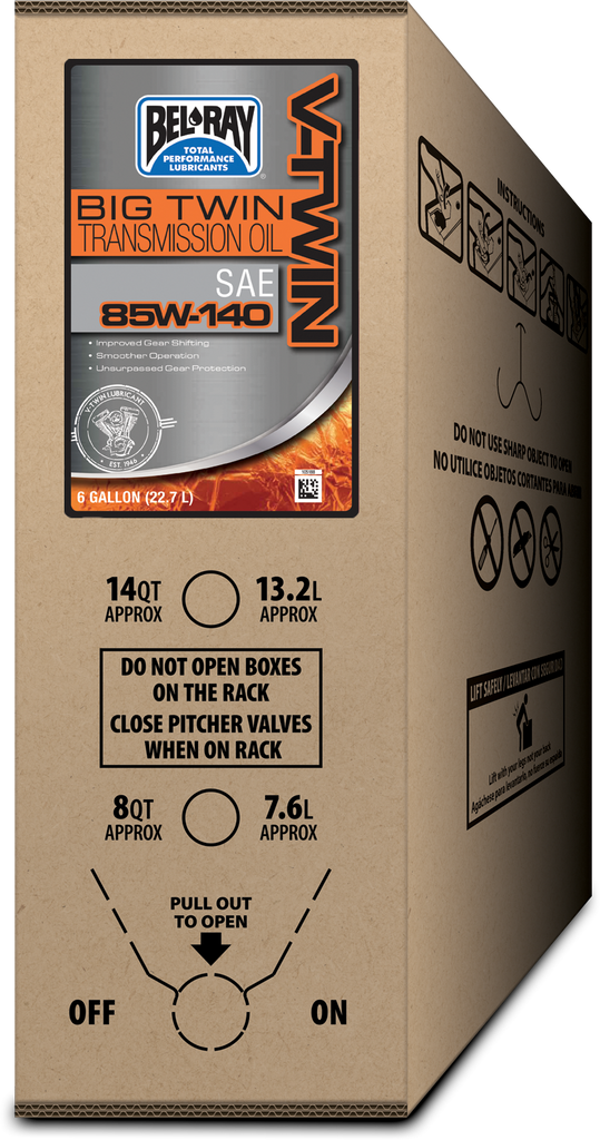 Bel-Ray Big Twin Transmission Oil 85W-140 in a 6-gallon bib container, suitable for motorcycle or heavy-duty gear transmission.