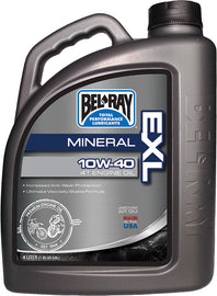 Bel-Ray Exl Mineral Oil 10W-40 4L container for 4-stroke engines, displayed in a case of four bottles, industrial chemical product.