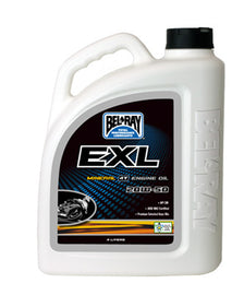 Bel-Ray Exl Mineral Oil 20W50 4T motorcycle engine oil container, 4-liter bottle, shown in case of four bottles.