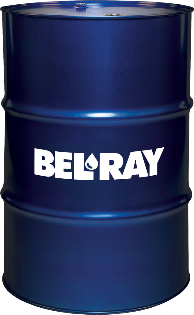 Bel-Ray Exp Estr Semi-Syn Motor Oil 4T 10W40 in a 55-gallon drum, automotive engine oil for motorcycles and small engines.