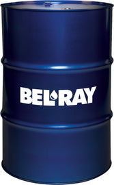 Bel-Ray Exp Estr Semi-Syn Motor Oil 4T 10W40 in a 55-gallon drum, automotive engine oil for motorcycles and small engines.
