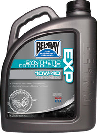 Bel-Ray Exp Semi-Syn Ester Oil 10W40 in a 4-liter container, displayed with four bottles in a case, for automotive lubrication.