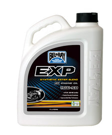 Bel-Ray Exp Semi-Syn Ester Oil 15W50 bottle, 4-liter container, showcasing the chemical product for engine lubrication.