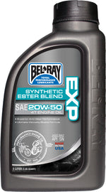 Bel-Ray Exp Semi-Syn Ester Oil 20w50 bottle, 1-liter container, used for engine lubrication, shown with label and cap.