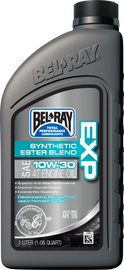 Bel-Ray Exp Syn Ester Blend 4T 10W30 engine oil in 1-liter container, chemical product for motorcycle engines.