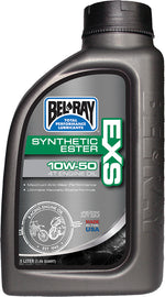Bel-Ray Exs Full Syn Ester Oil 10W50 1L bottle, part of a 12-case package, shown in a clean automotive setting.