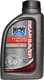 Bel-Ray Gear Saver Hypoid Oil 85W-140 in 1L bottle, ideal for gear protection, shown in a 12-pack case.