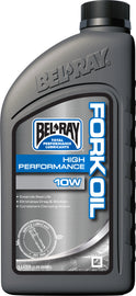 Bel-Ray High-Performance Fork Oil 10W in 1-liter bottle, with case of 12, suitable for motorcycle suspension maintenance.