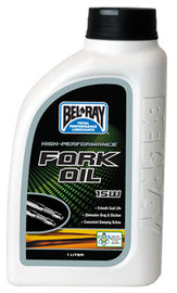 Bel-Ray High-Performance Fork Oil 15W, 1-liter bottle, used for motorcycle suspension, with 12 bottles in case.