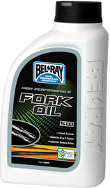 Bel-Ray High-Performance Fork Oil 5W in a 1-liter bottle, part of a 12-case pack, for motorcycle suspension maintenance.
