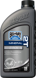 Bel-Ray Mineral Engine Oil 2T in a 1-liter bottle, ideal for two-stroke engines, shown in a case of 12 bottles.
