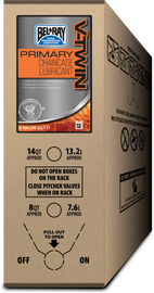 Bel-Ray Primary V-Twin Chaincase Lube in a 6-gallon bib container, used for motorcycle chain protection and lubrication.