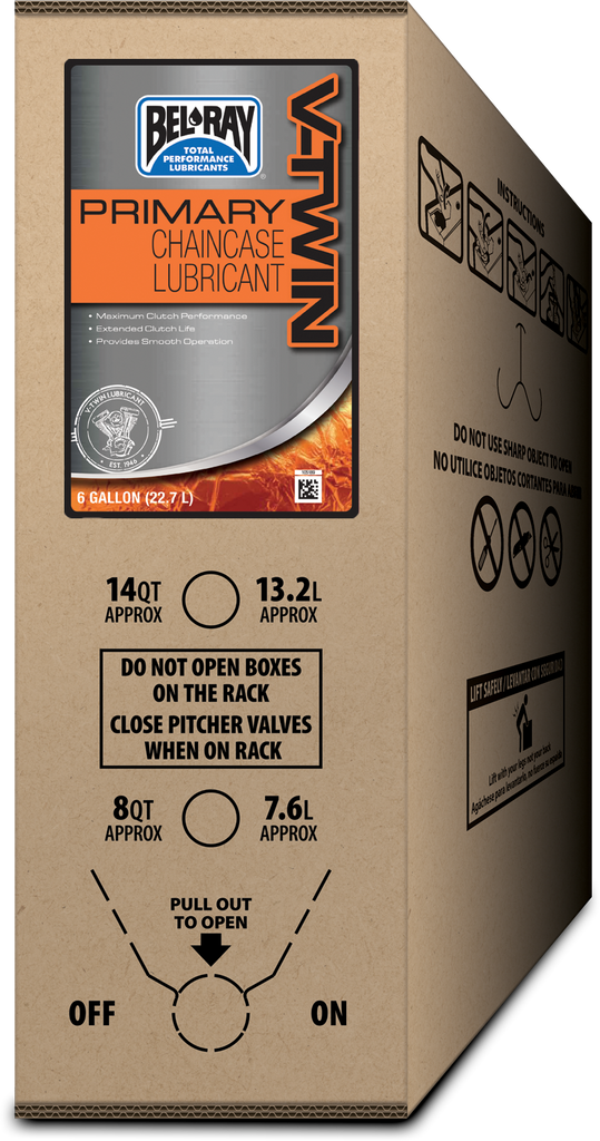 Bel-Ray Primary V-Twin Chaincase Lube 6-gallon container, motorcycle chain lubricant chemical for V-twin engines.