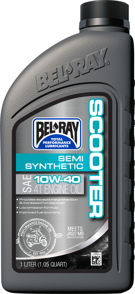 Bel-Ray Scooter Semi-Syn Engine Oil 10W40 in 1-liter container, ideal for scooter engine lubrication and maintenance.