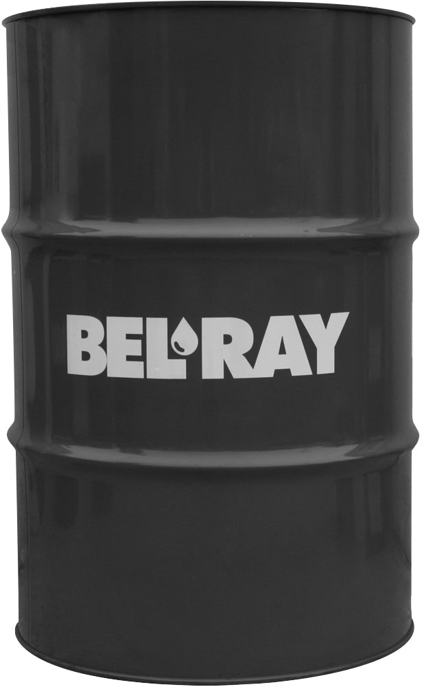 Bel-Ray Shop Petroleum Oil 4T 10W40 in 55-gallon drum, industrial chemical used for motorcycle engine lubrication.