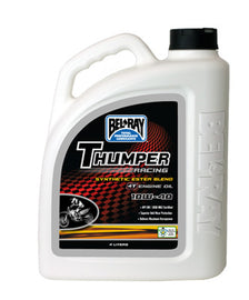 Bel-Ray Thumper Semi-Syn Ester 10w40 motorcycle engine oil 4L bottle, shown in a case of four containers, for chemical products.