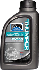Bel-Ray Thumper Semi-Syn Ester 15w50 motor oil 1L bottle, part of a case of 12, for high-performance engine lubrication.