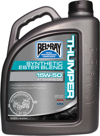 Bel-Ray Thumper Semi-Syn Ester 15w50 motorcycle engine oil 4-liter bottle, part of a 4-pack, shown in a retail display.
