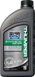 Bel-Ray Thumper Syn Ester Oil 10W50 4T bottle, 1-liter container for motorcycle engine lubrication, shown with label and cap.