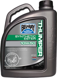 Bel-Ray Thumper Syn Ester Oil 10w50 4L bottle, 4-pack, automotive 4-stroke engine oil, shown in a case with four bottles.