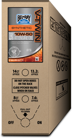 Bel-Ray V-Twin Full Synthetic Engine Oil 4T 10W50 in a 6-gallon container, designed for motorcycle engines and engine lubrication.