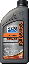 Bel-Ray V-Twin Mineral Oil 20W50 bottle, 1-liter size, used for motorcycle engine lubrication, with a white label and blue cap.