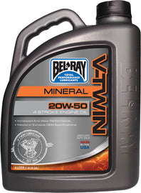 Bel-Ray V-Twin Mineral Oil 20W50 in 4L container, ideal for motorcycle engines, shown in a clear image with branding details.