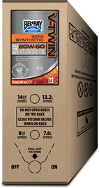 Bel-Ray V-Twin Semi-Syn Engine Oil 4T 20W50 in a 6-gallon container, designed for motorcycle engines.