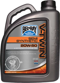 Bel-Ray V-Twin Semi-Syn Oil 20W50 4L bottle for motorcycle engine, part of a 4-case pack, in a clear plastic container