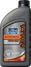 Bel-Ray V-Twin Synthetic Oil 10W50 1L bottle, ideal for motorcycle engines, shown in a clear image with labeling and cap.