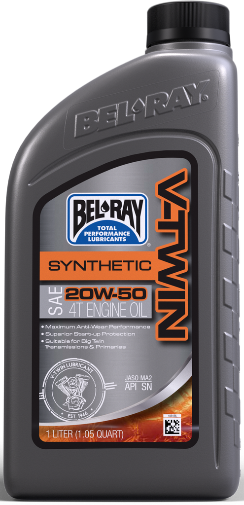 Bel-Ray V-Twin Synthetic Oil 20W50 in 1-liter bottle, ideal for motorcycle engine lubrication, showing the oil container and label.